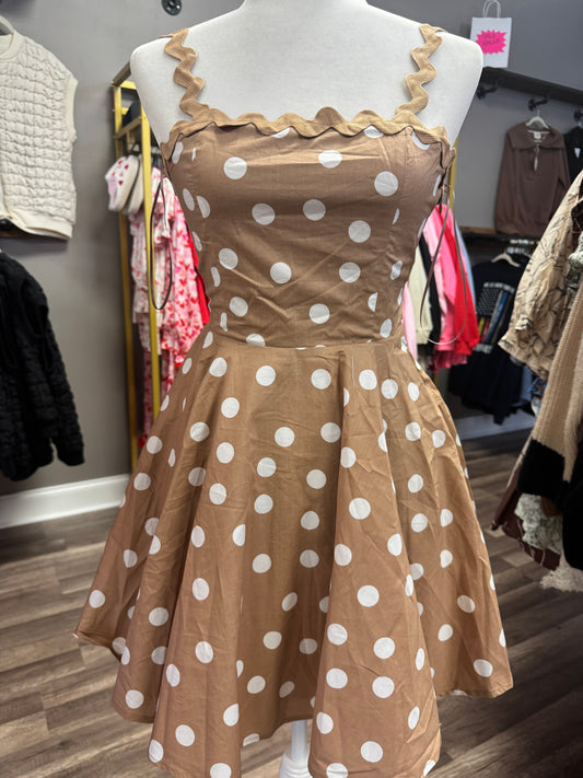 Rick Rack Trim Polka Dot Mini Dress- LT Mocha