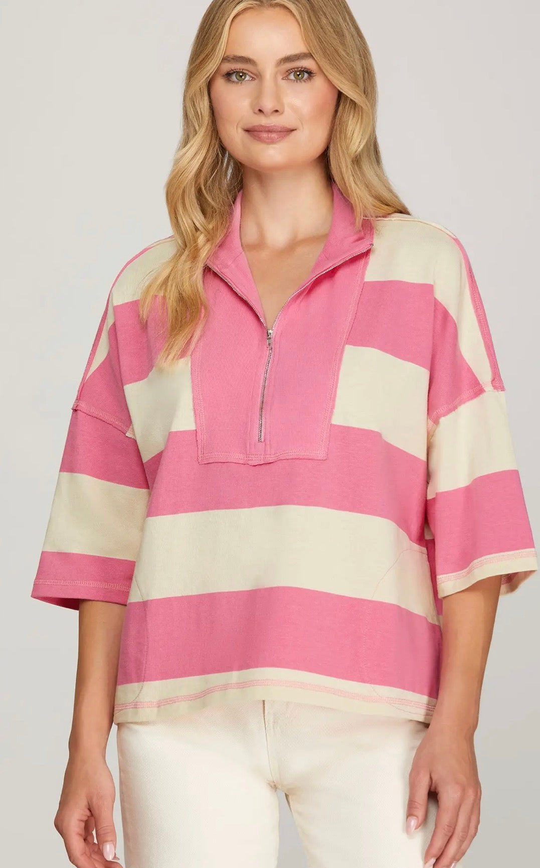 3/4 SLEEVE HALF ZIP RUGBY STRIPE KNIT BOXY TOP WITH POCKETS