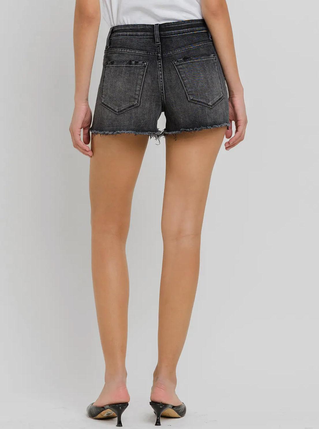 High Rise Raw Hem Black Shorts