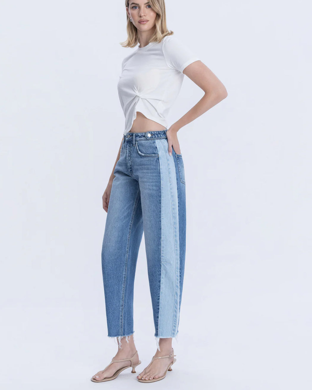 High Rise 2 Tone Barrel Jeans- Blue Memoir