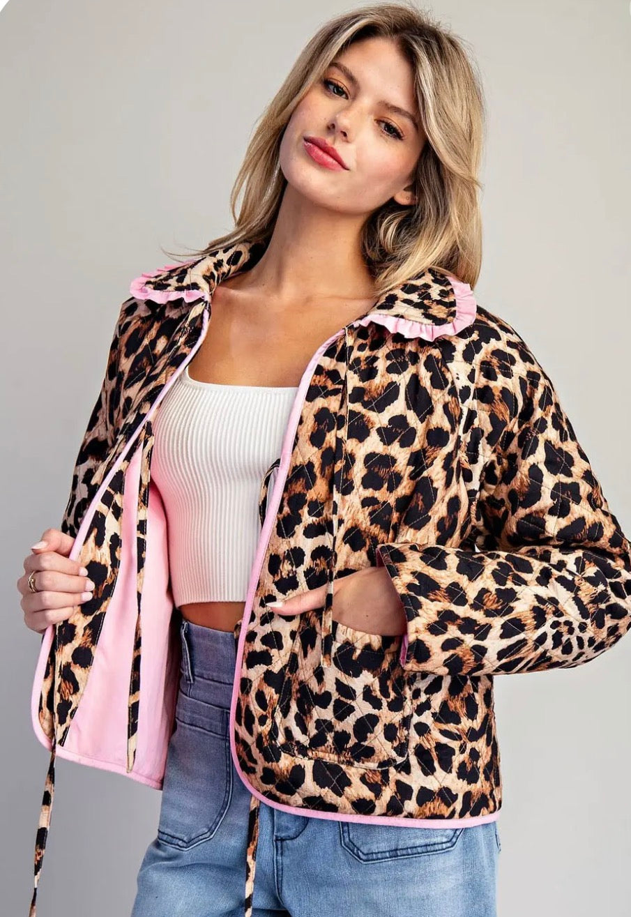 Leopard Quilted Pink Contrast Tie Front Jacket L/XL