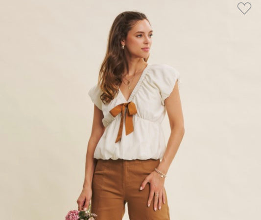 Bubble V- Neck Blouse Top with Front bow