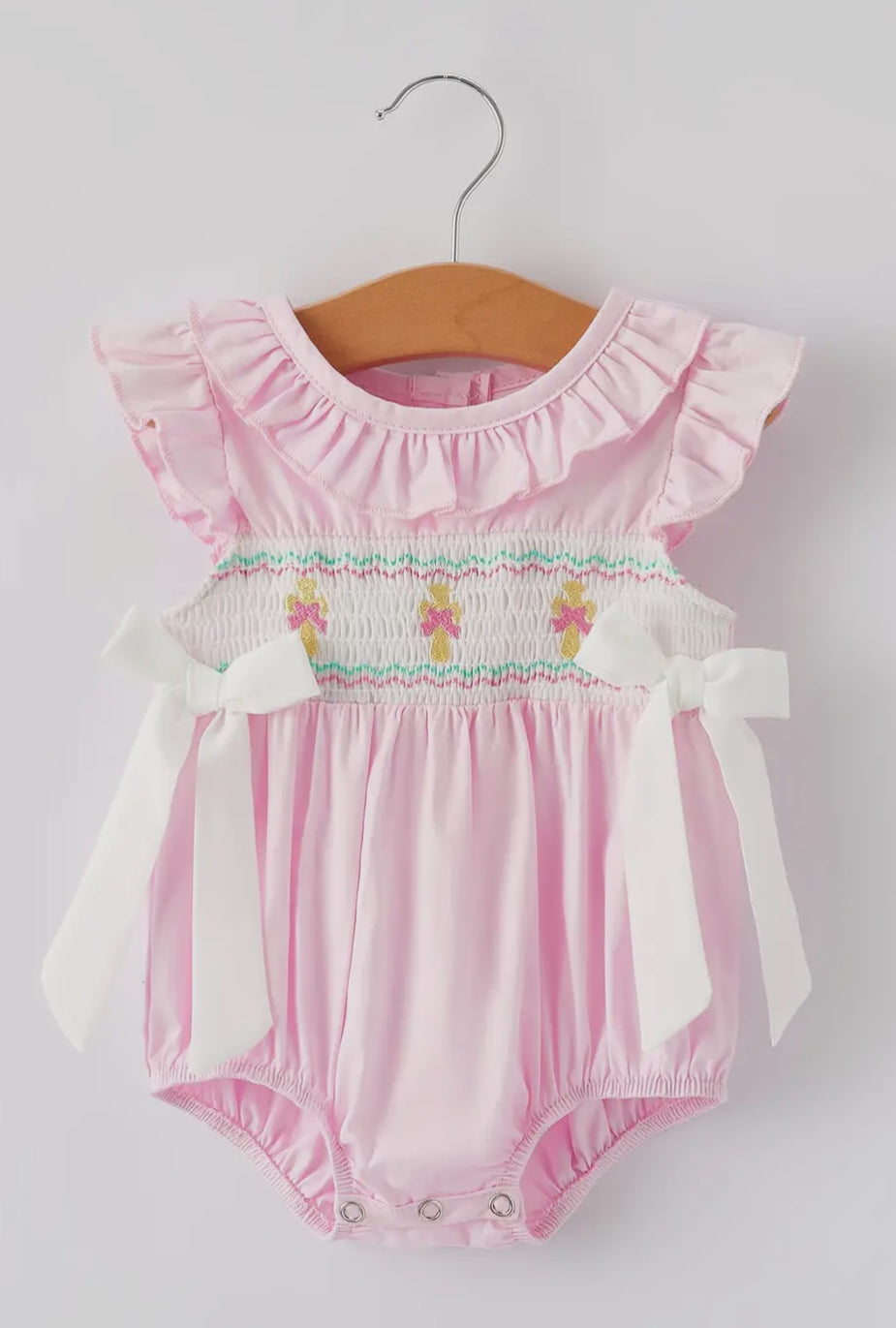 Smocking Easter Embroidered Ruffles Girls Pink Romper