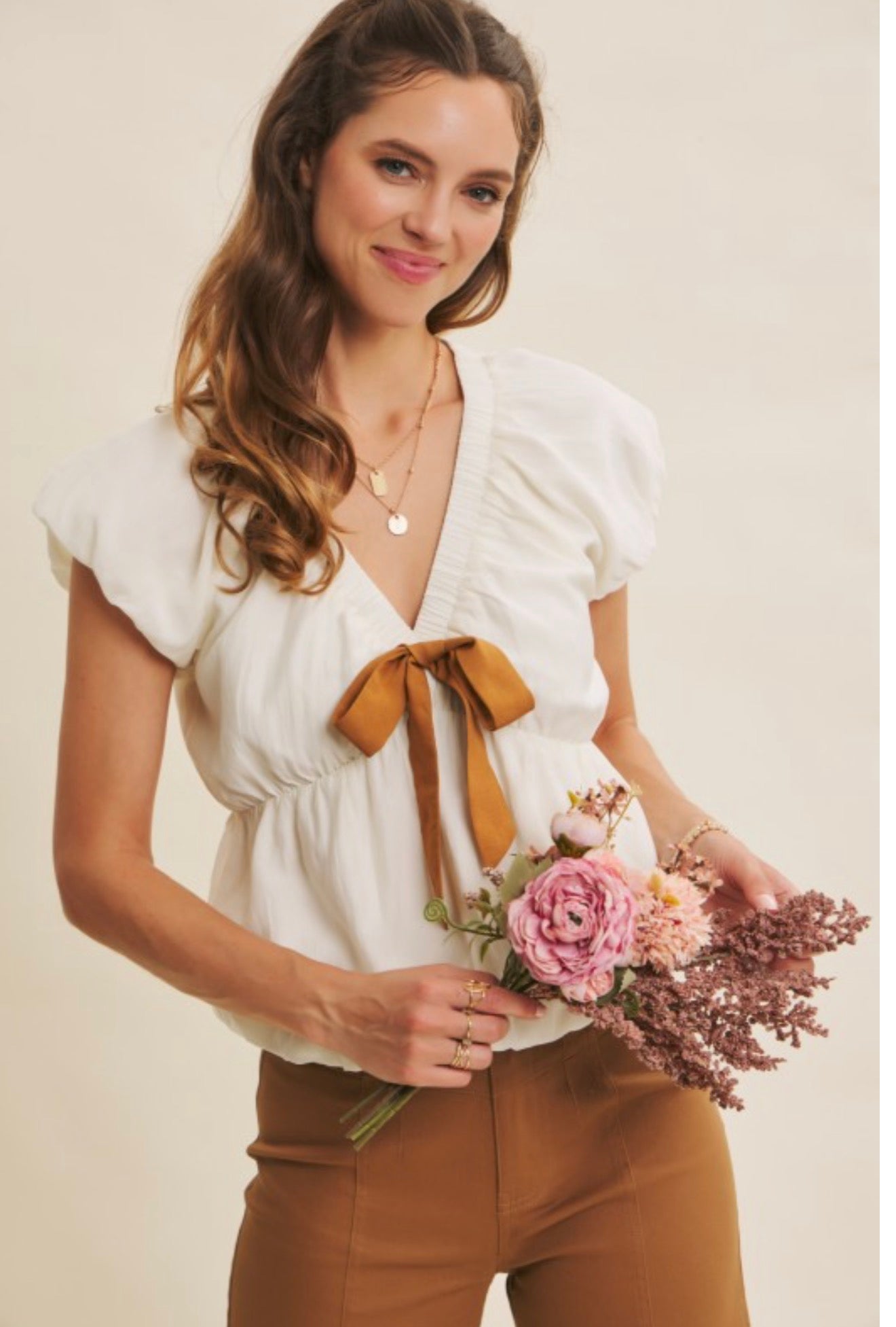 Bubble V- Neck Blouse Top with Front bow