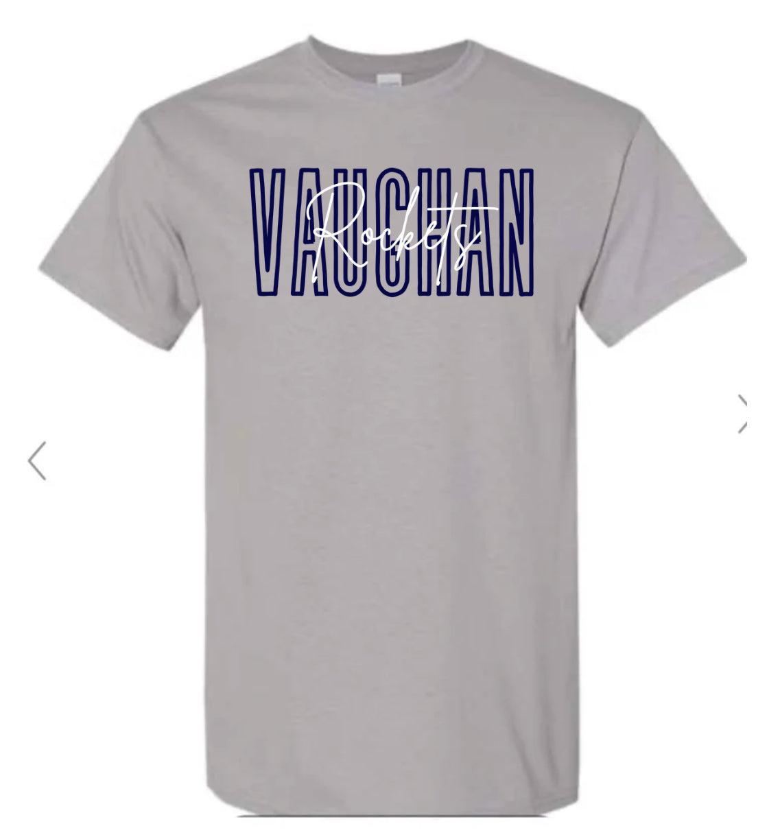 Vaughan Rockets Outline With Cursive Adult Comfort Color Grey Tee