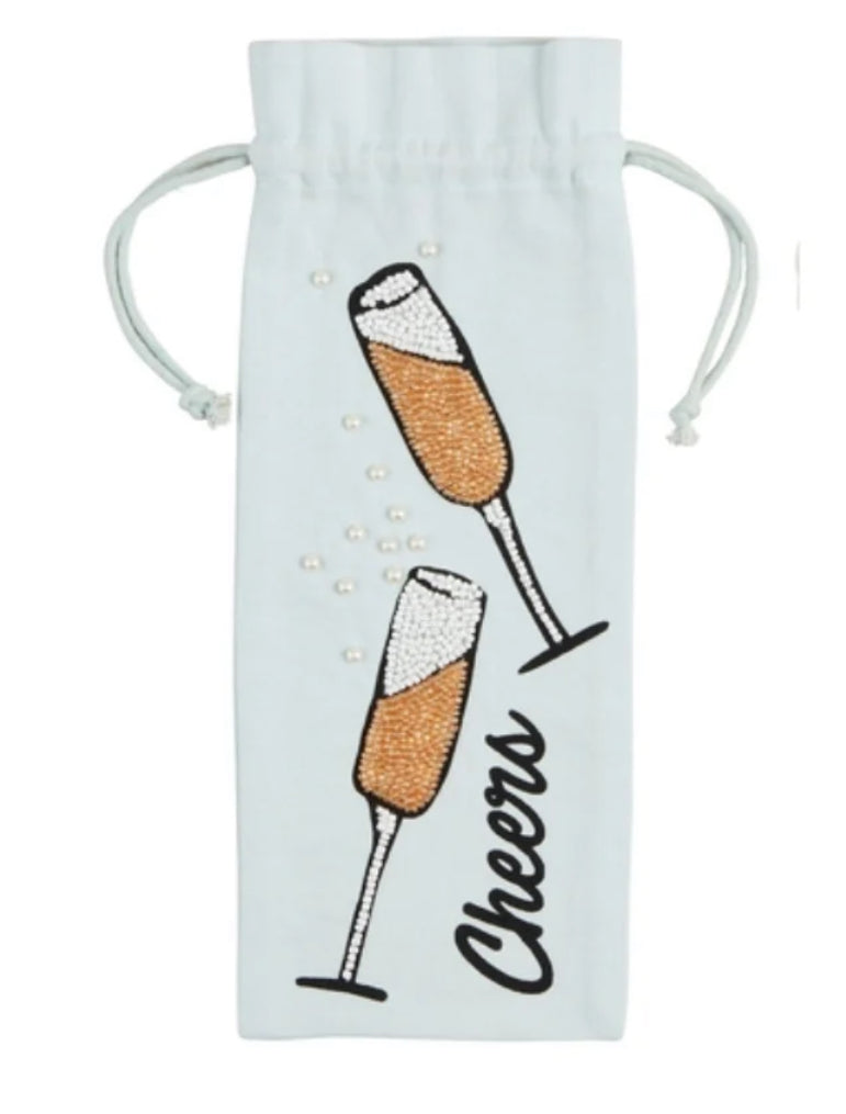 Mud Pie Beaded Wine Bottle Bag- CHEERS WITH PEARL