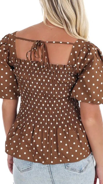 PUFF HALF SLEEVE POLKA DOT WOVEN SMOCKED PEPLUM TOP