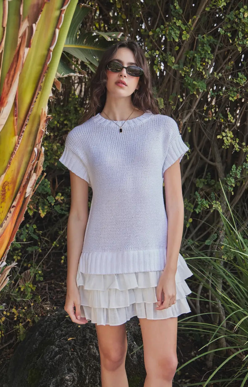 Loose Fit Sweater Mini Dress with Contrast Ruffles- Off White