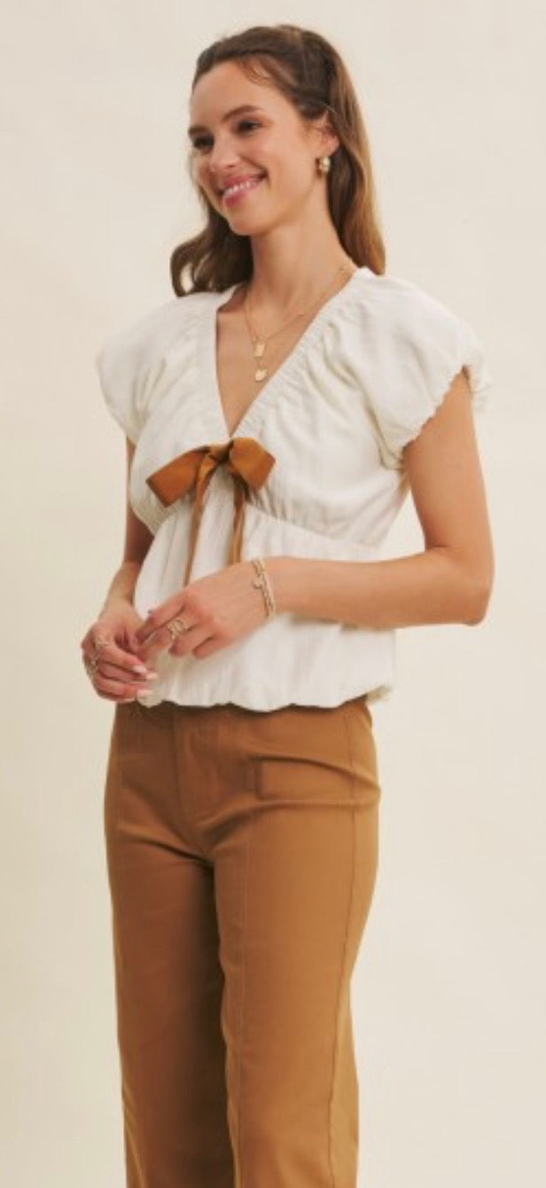 Bubble V- Neck Blouse Top with Front bow