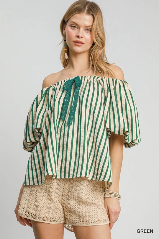 Green Striped Print Shirred Detailed Top