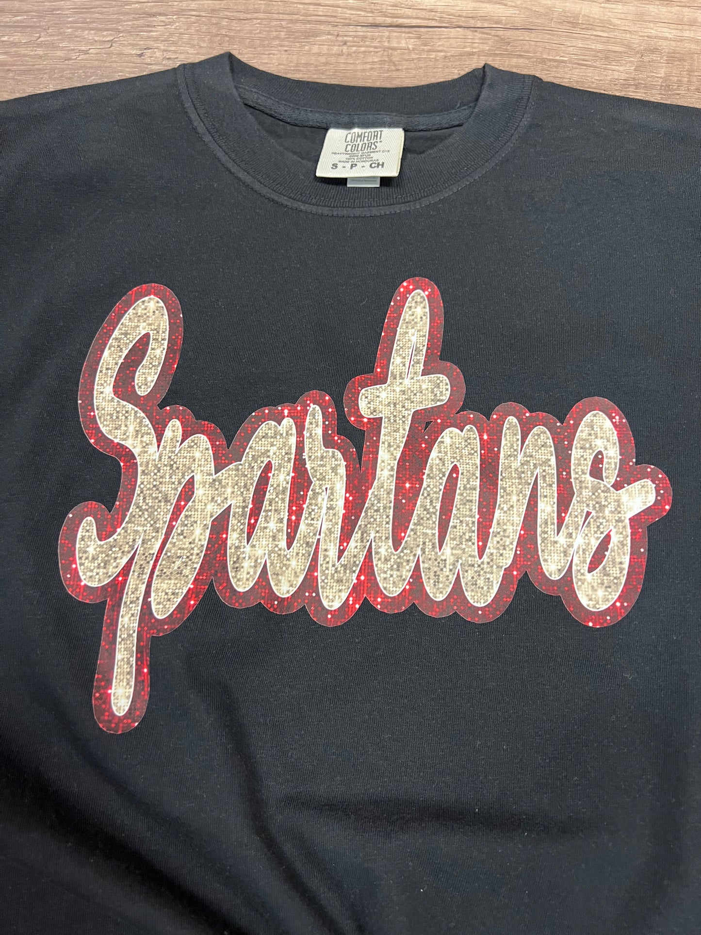 Spartans faux glitter on black CC tee