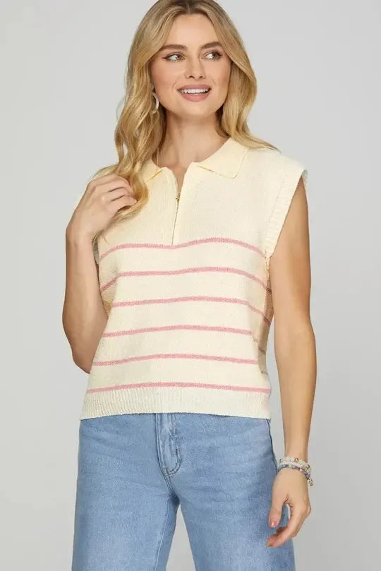 DROP SHOULDER HALF ZIP STRIPED SWEATER TOP- PINK