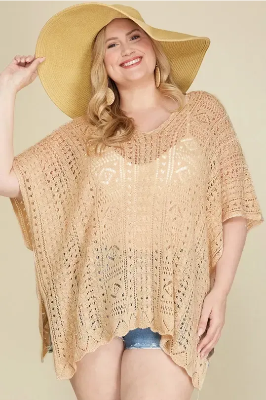 DROP SHOULDER HOLLOW COVER UP KNIT SWEATER TOP-TAUPE