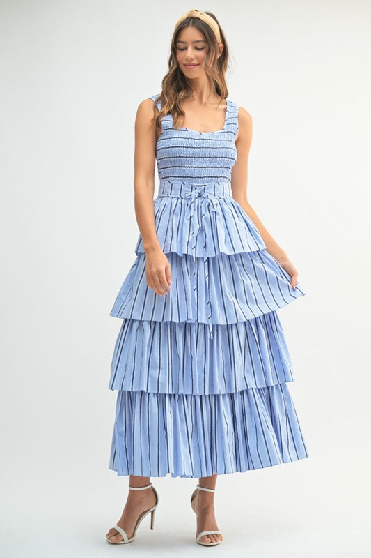 Sleeveless pin striped smocked bodice ruffle tiered midi blue dress