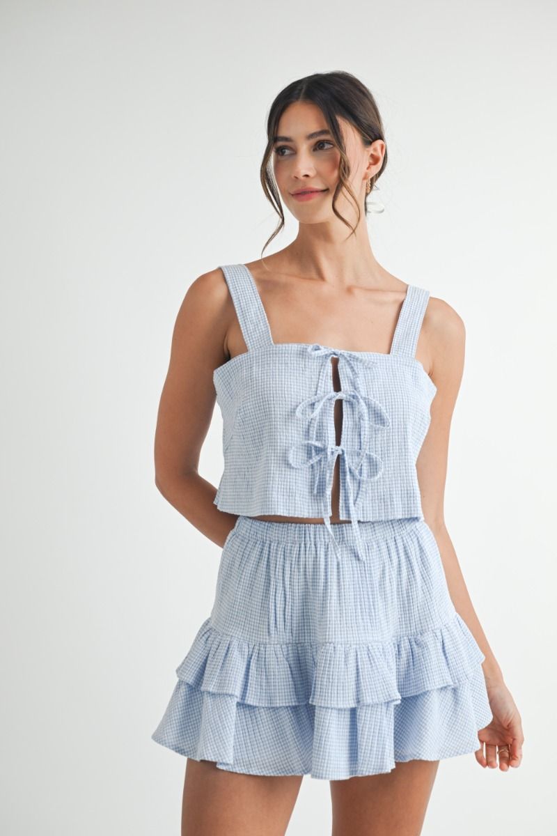 Gingham plaid sleeveless front self tie crop top and matching elastic waistband ruffle tiered mini skirt set