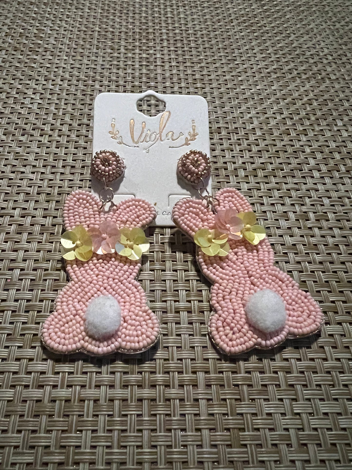 Pink Beaded Flower Bunny Earrings