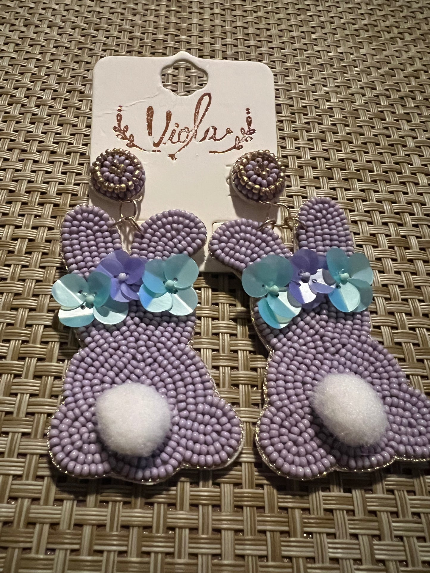 Purple Beaded Flower Bunny Earrings