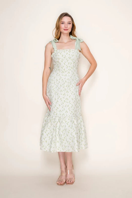 Darling Soft mint Jacquard Floral Tie-Strap Midi tiered Mint Dress