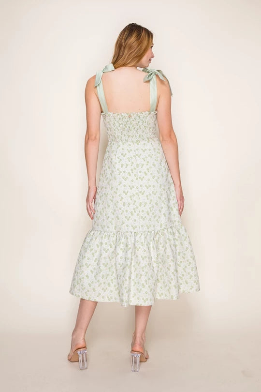 Darling Soft mint Jacquard Floral Tie-Strap Midi tiered Mint Dress