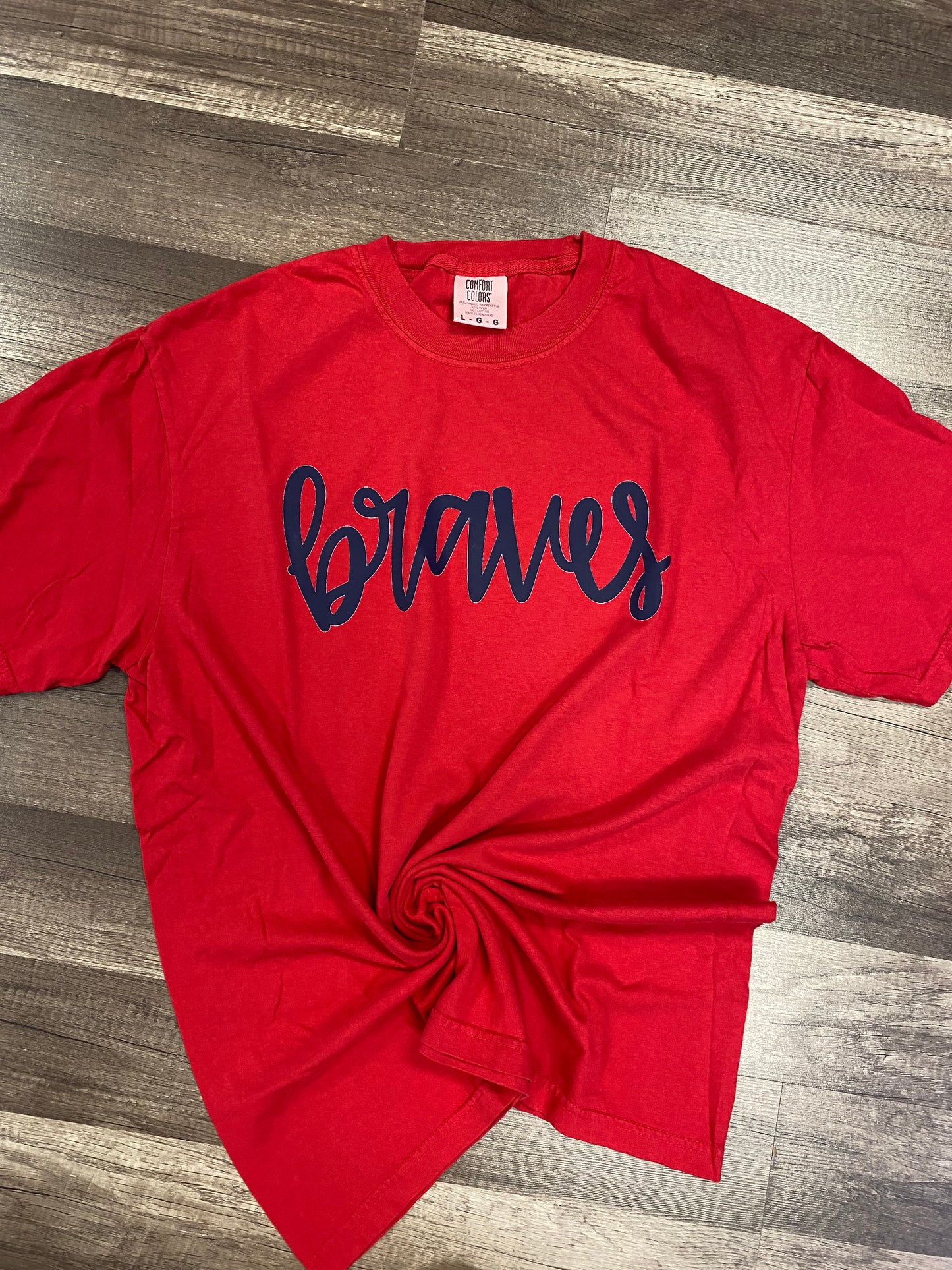 Braves Cursive on Red Tee