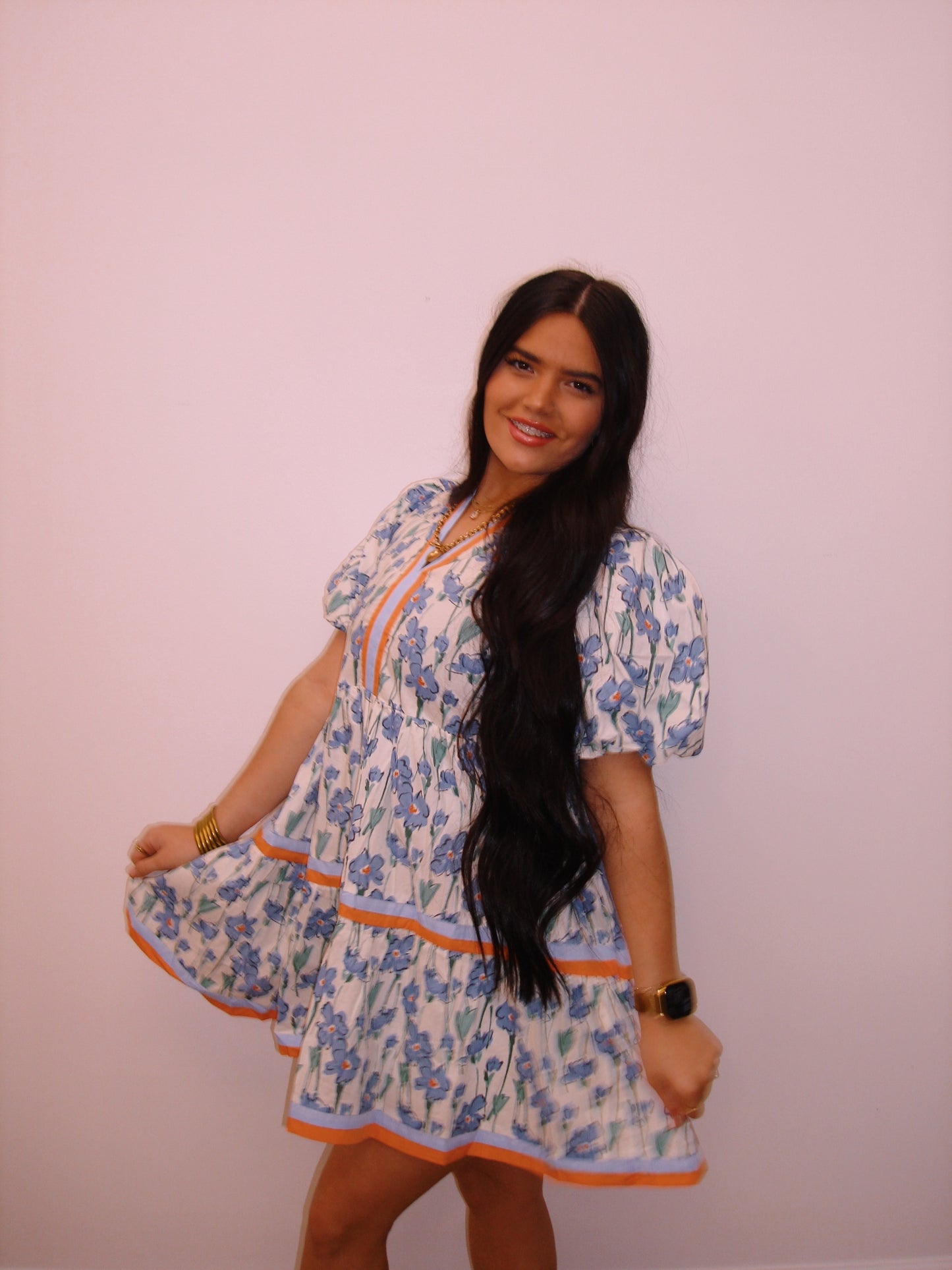 Blue Floral Puff Sleeve Short Dress