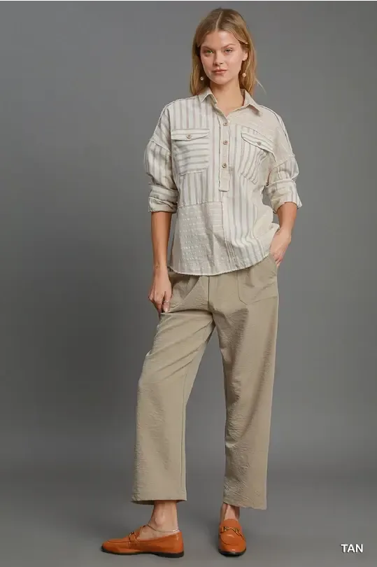 Colorblocked Half Button Down Shirt- Tan