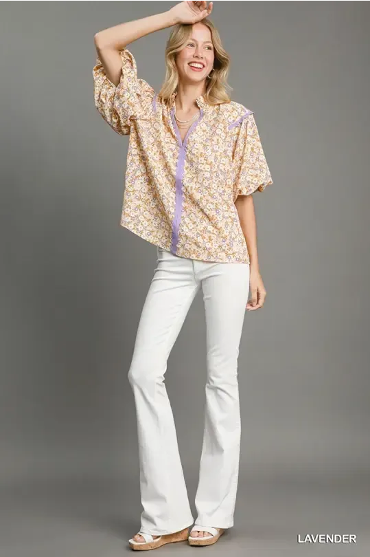 Floral Print High Neck Top - Lavender