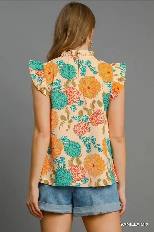 Floral Print High Neck Top - Vanilla Mix