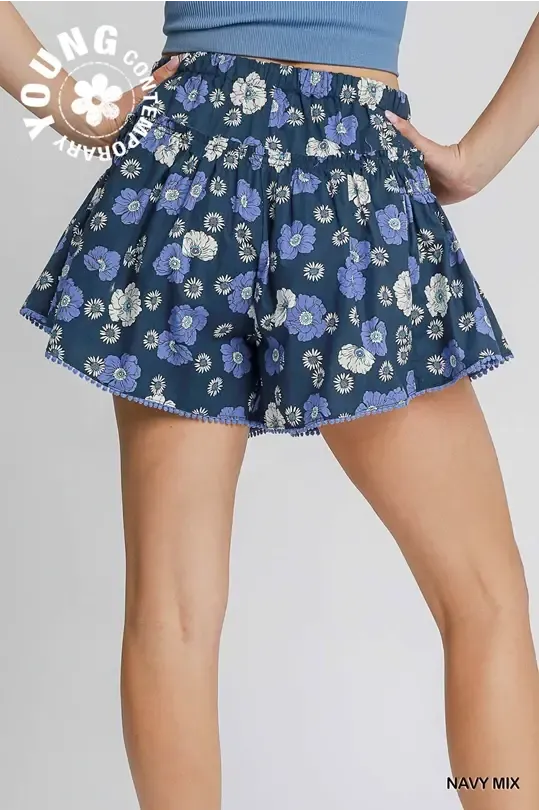 Floral Print Shorts with Gathered Details - Navy Mix