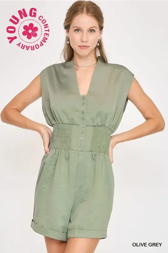 Olive Green V Neck Button Down Romper with Smocked Waist