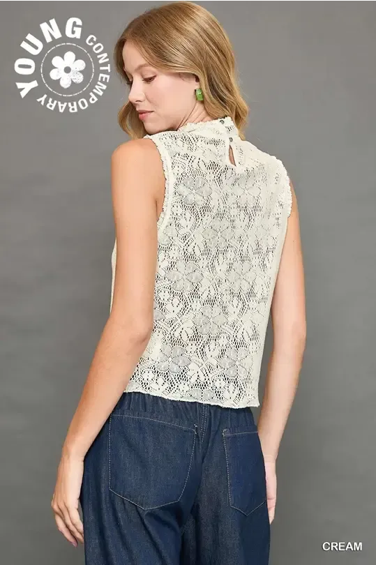 Cream Sleeveless Floral Mock Neck Lace Top