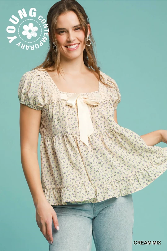 Cream Floral Print Square Neck Top