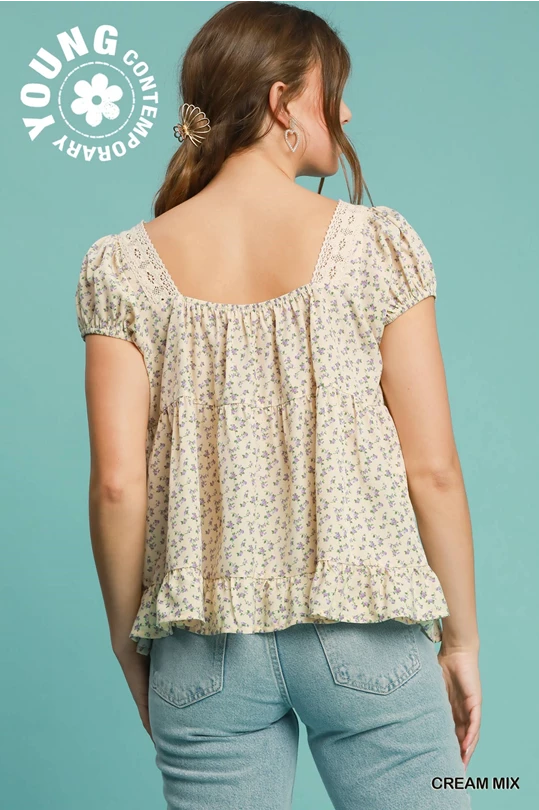 Cream Floral Print Square Neck Top