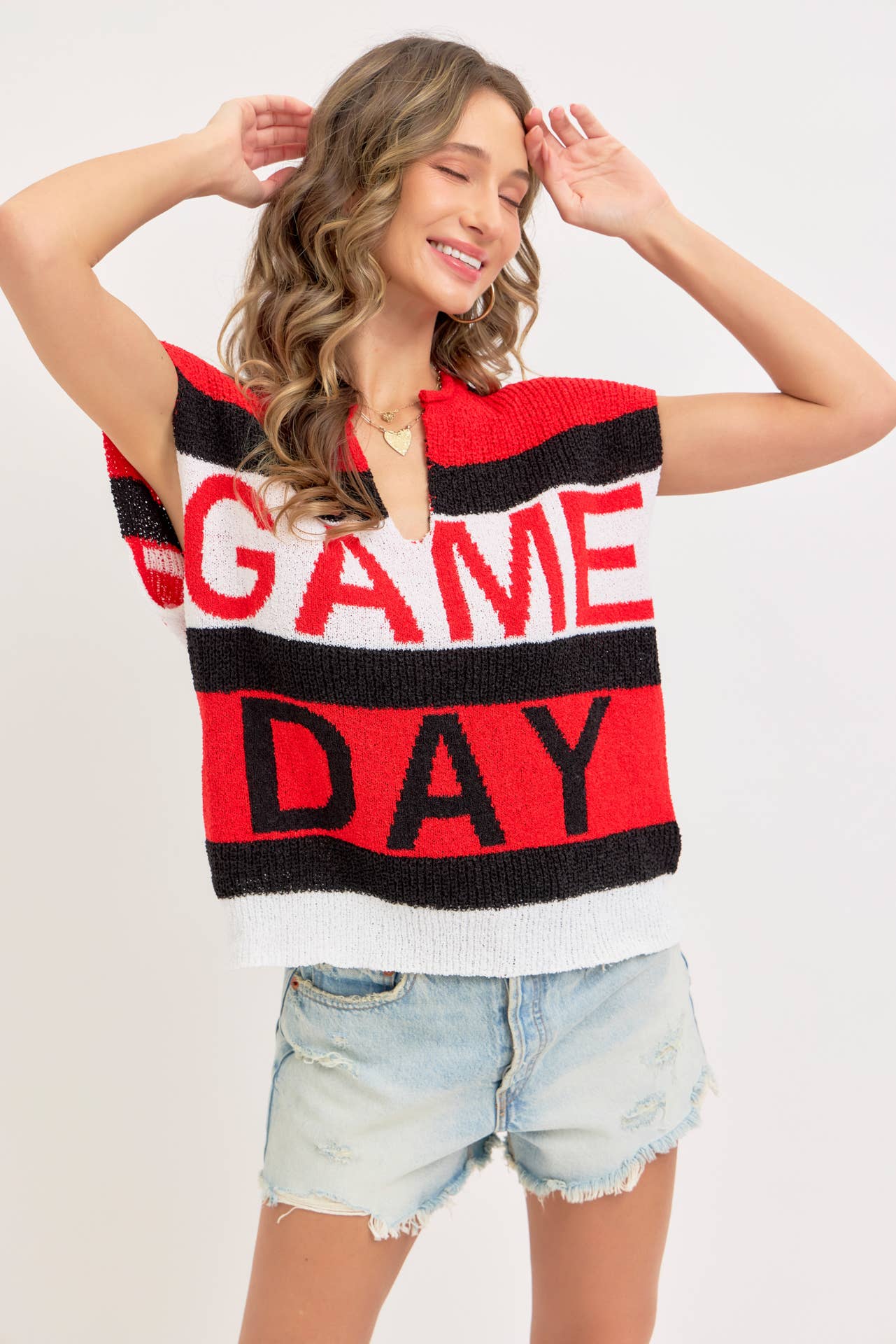 GAME DAY RED & BLACK SWEATER KNIT TOP