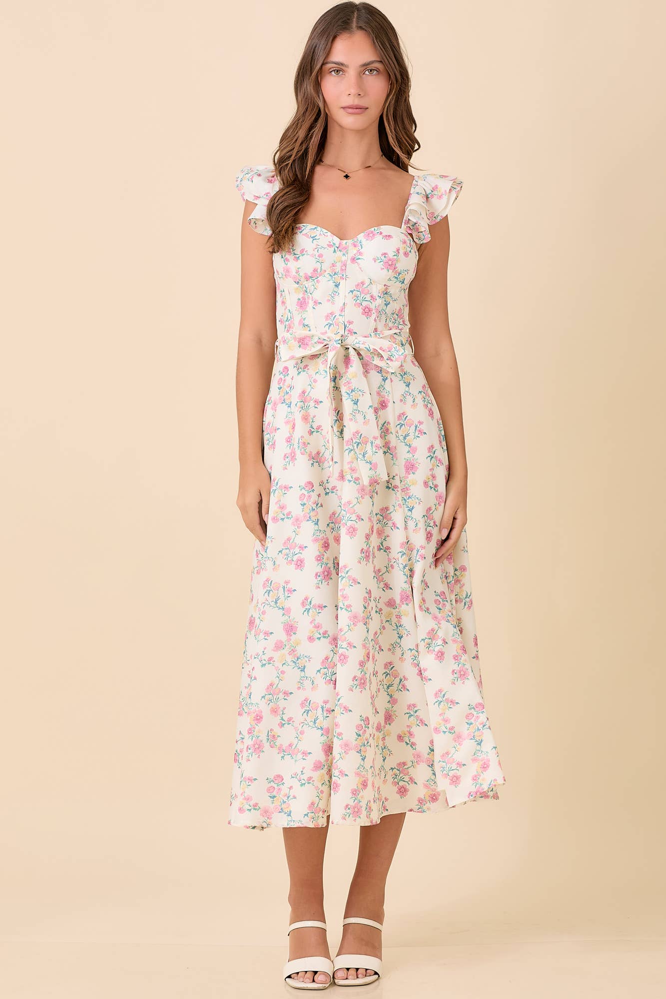 Floral Printed Ruffle Sleeve Midi Dress: IVORY MULTI