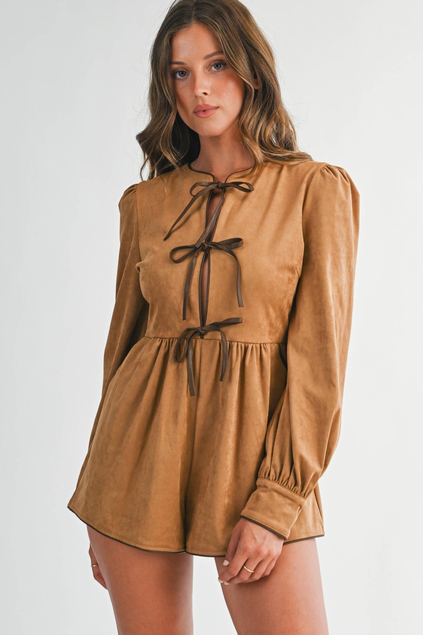 Suede Tie-Front Long Sleeve Romper