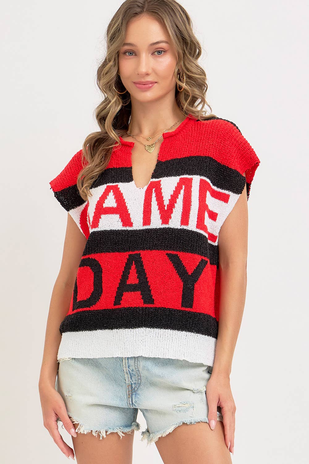 GAME DAY RED & BLACK SWEATER KNIT TOP