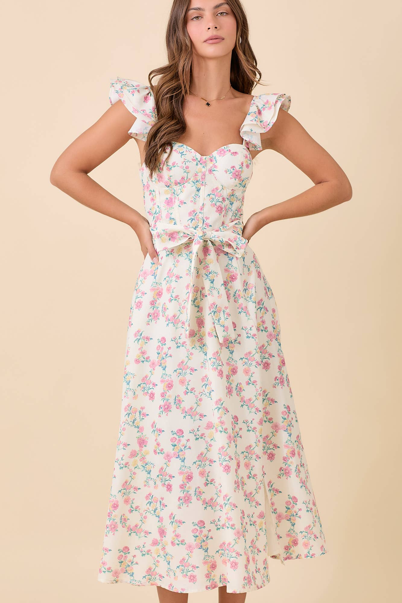 Floral Printed Ruffle Sleeve Midi Dress: IVORY MULTI