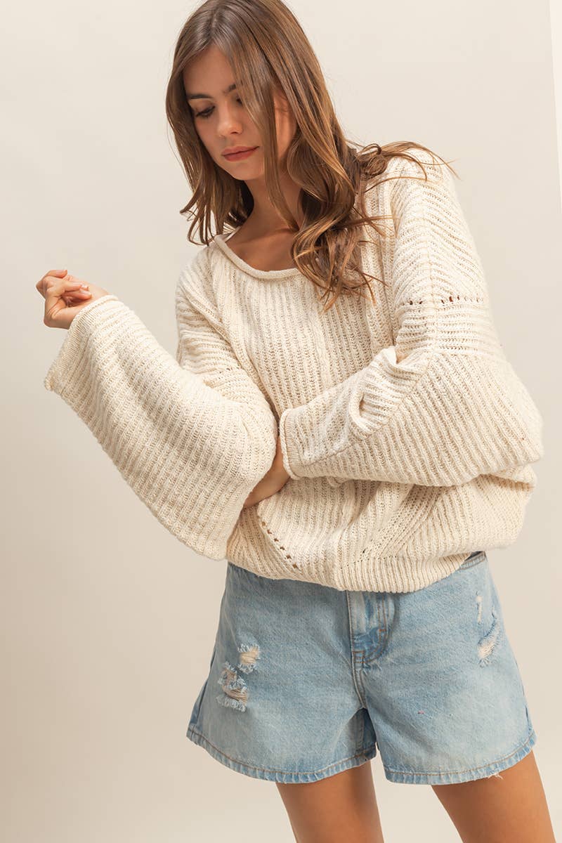 Ribbed Drop Sleeve Sweater: CREAM