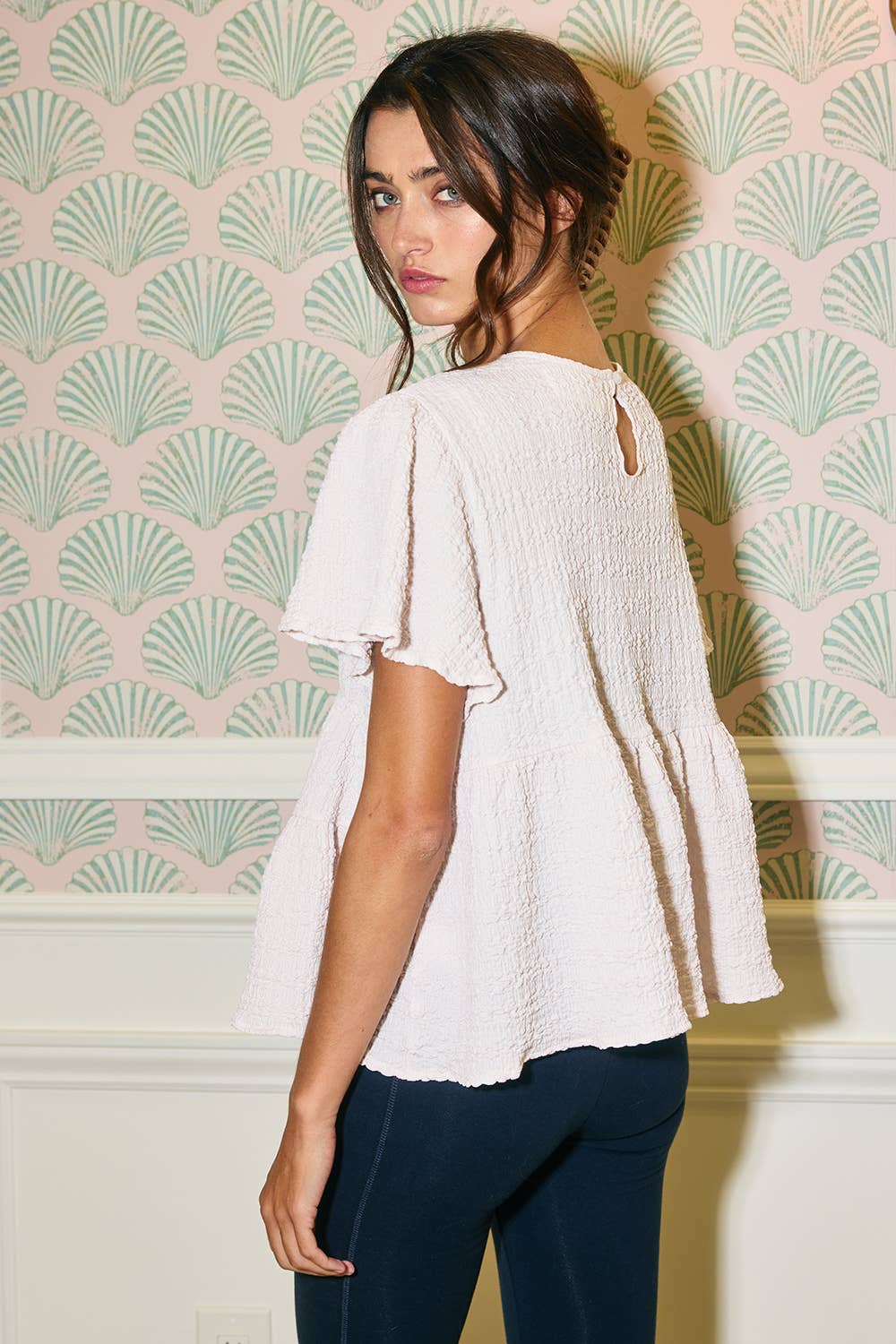 Ruffle Tiered Babydoll Textured Top: CREAM