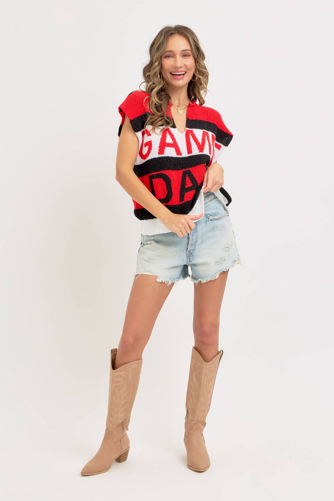 GAME DAY RED & BLACK SWEATER KNIT TOP