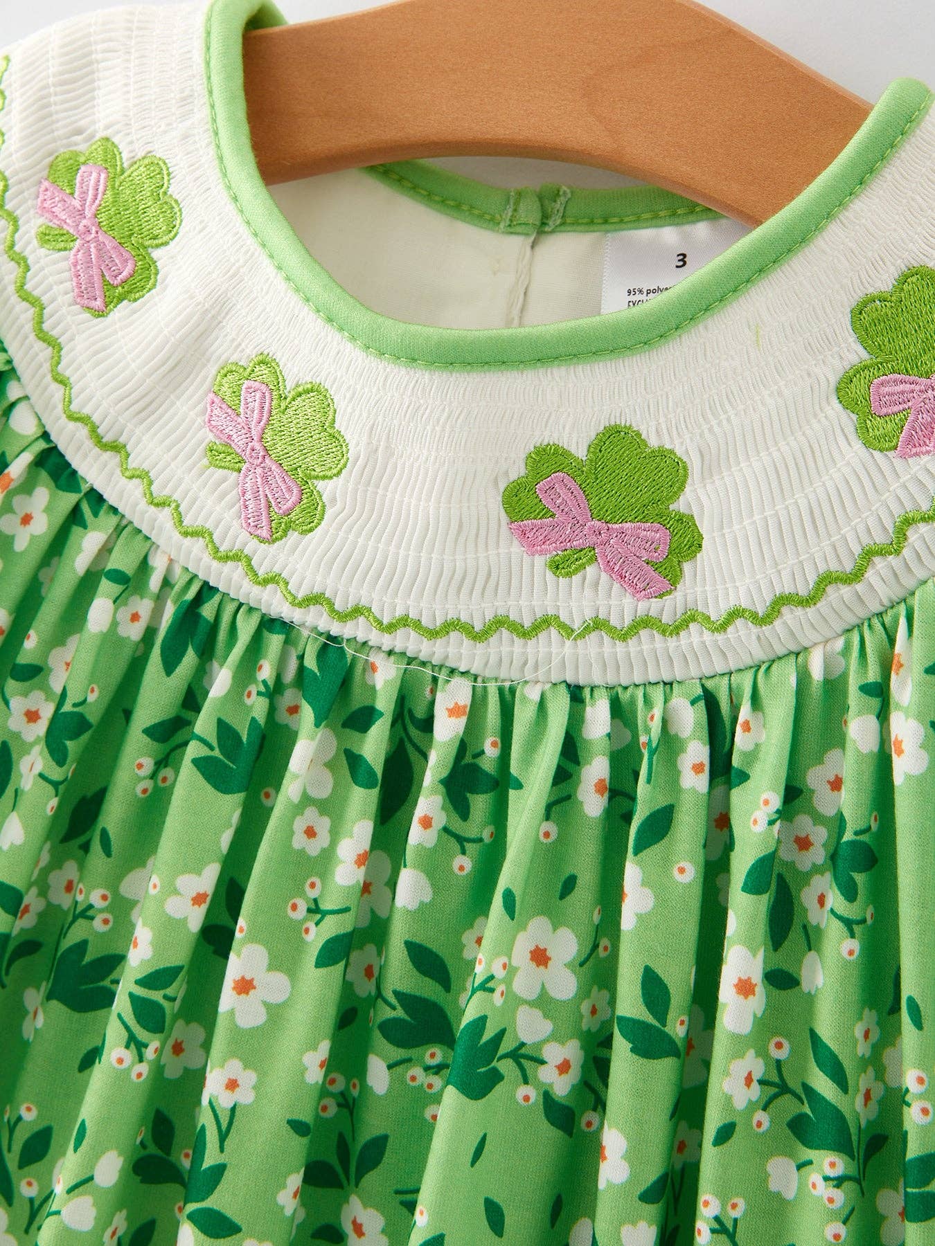 St. Patrick's Day Smocking Clover Plaid Bow Embroidered Dress