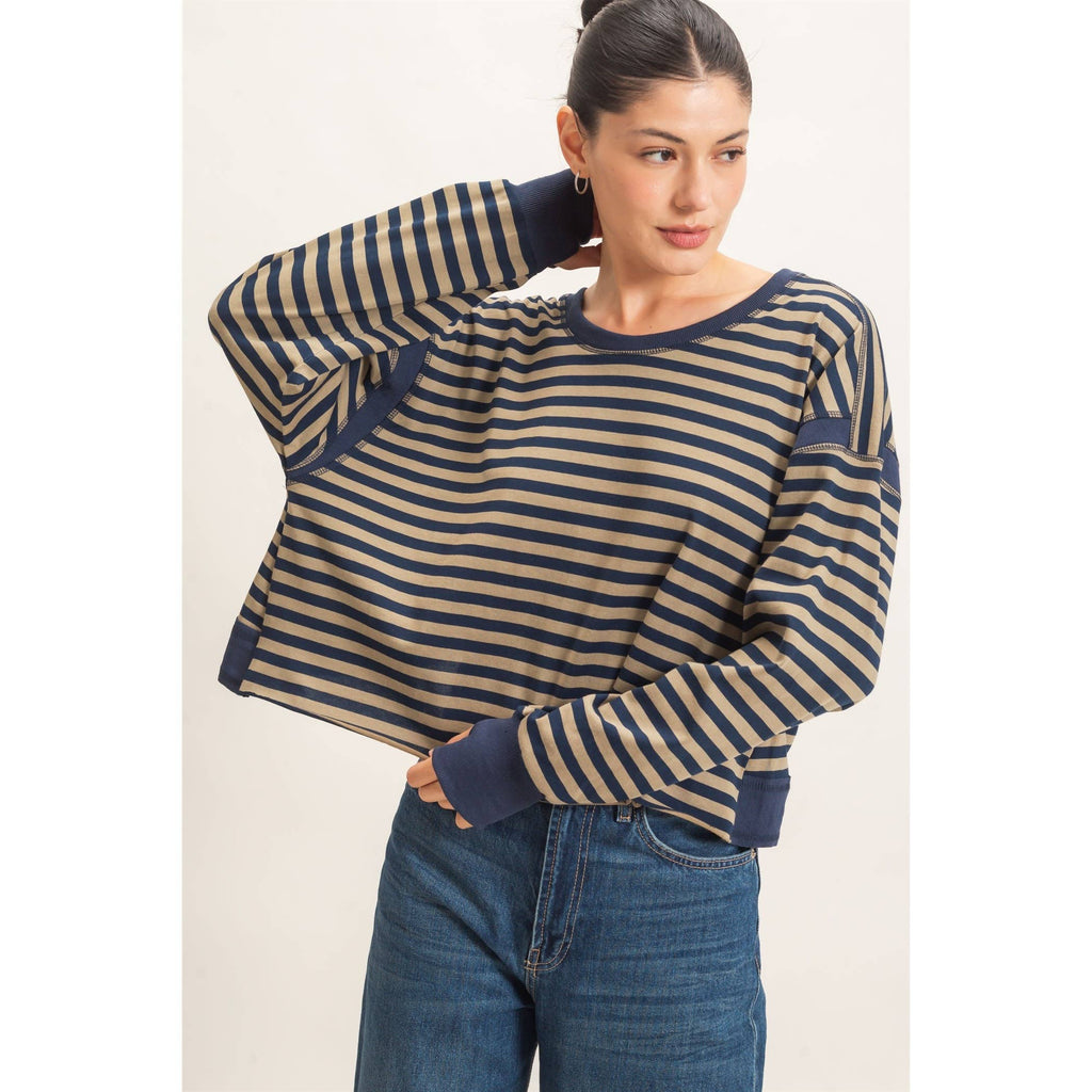 Striped Long Sleeve Top: MOCHA / WHITE