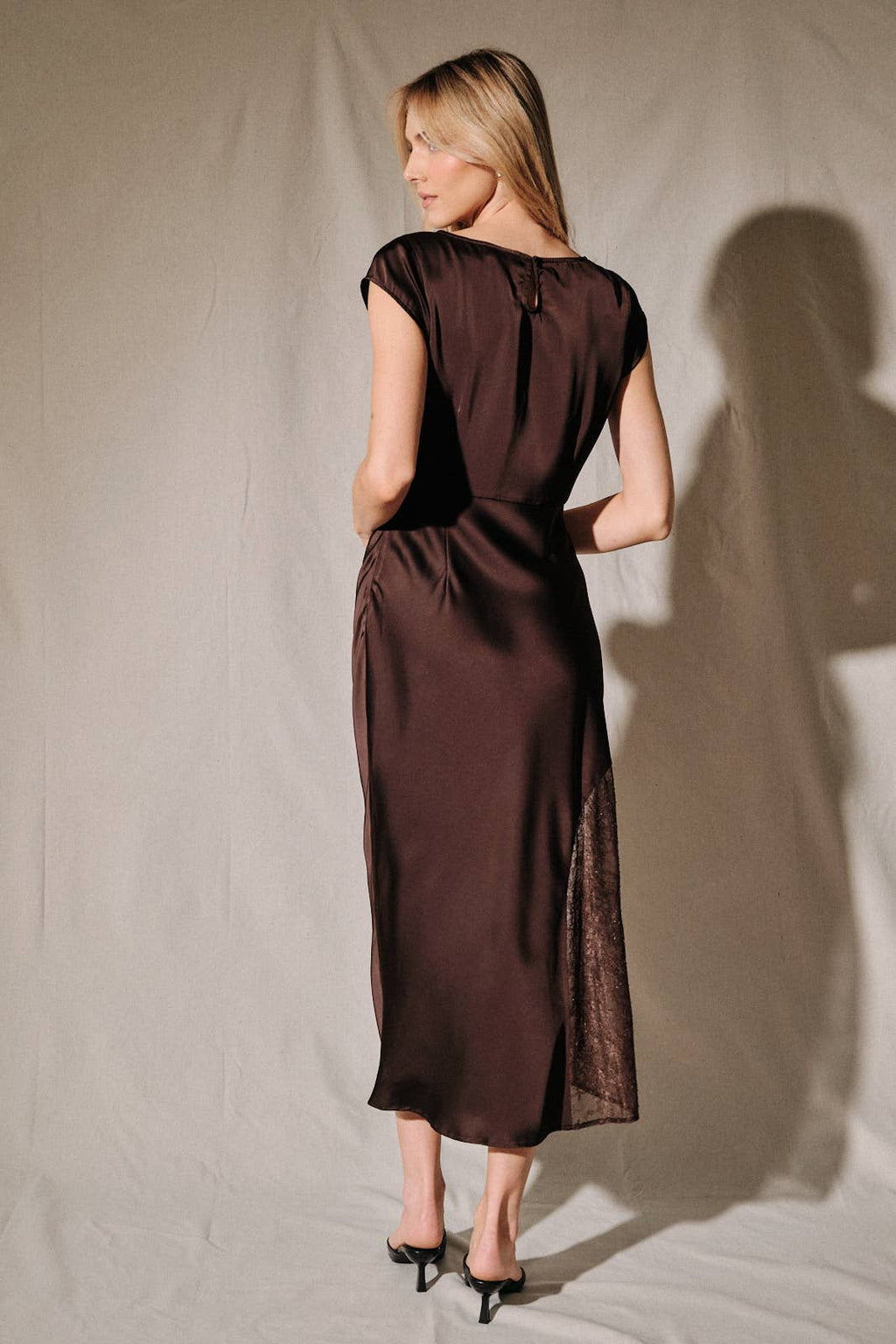 Brown Satin Boat Neck Lace Insert Midi Dress
