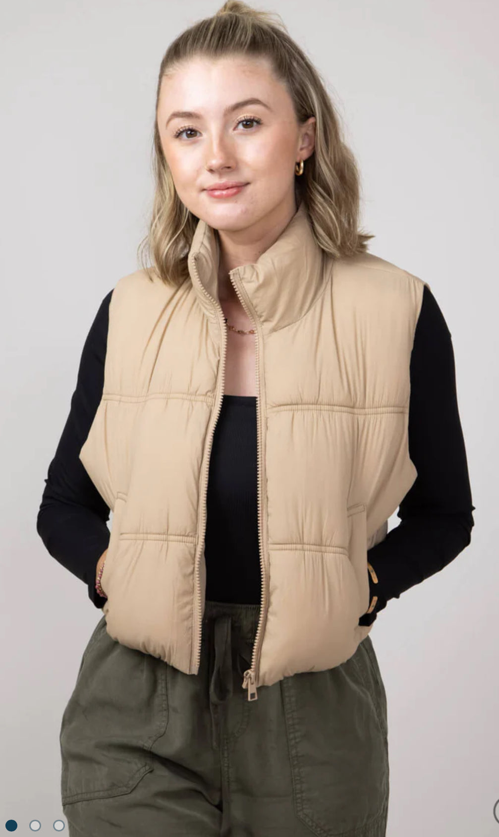 DOORBUSTER Love Tree Front Pocket Cropped Puffer Vest for Women in Khaki