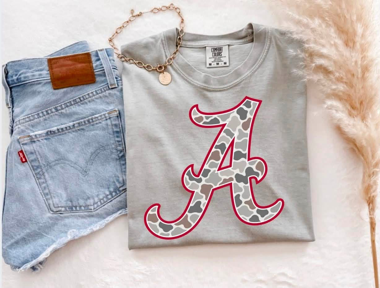 Retro Camo Alabama “A” Grey Tee