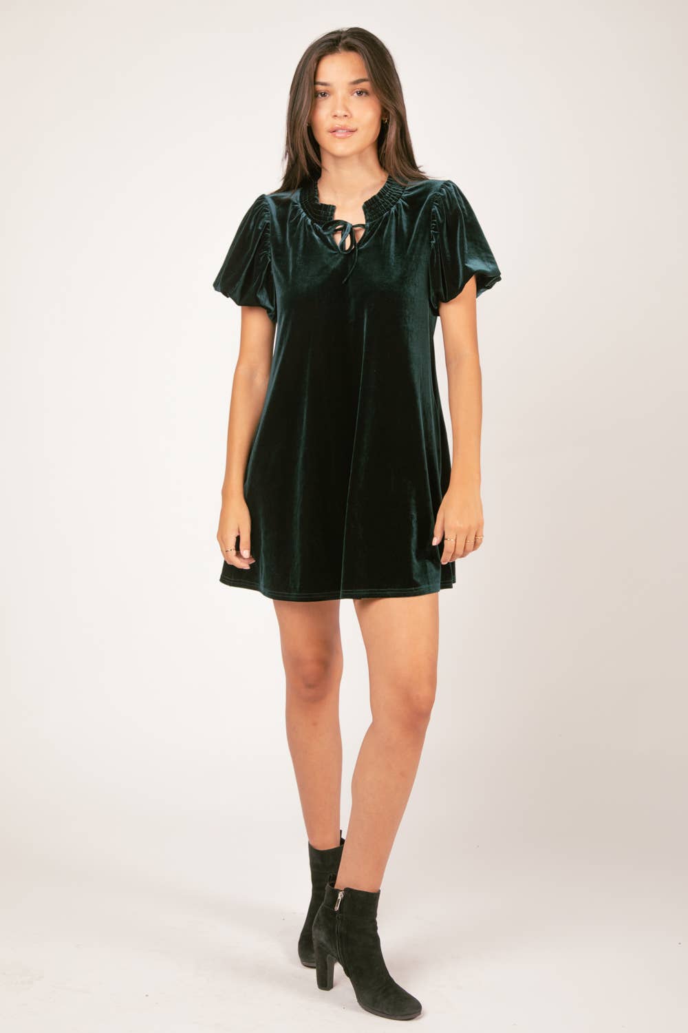 Puff Sleeve Velvet Holiday Mini Dress: FOREST