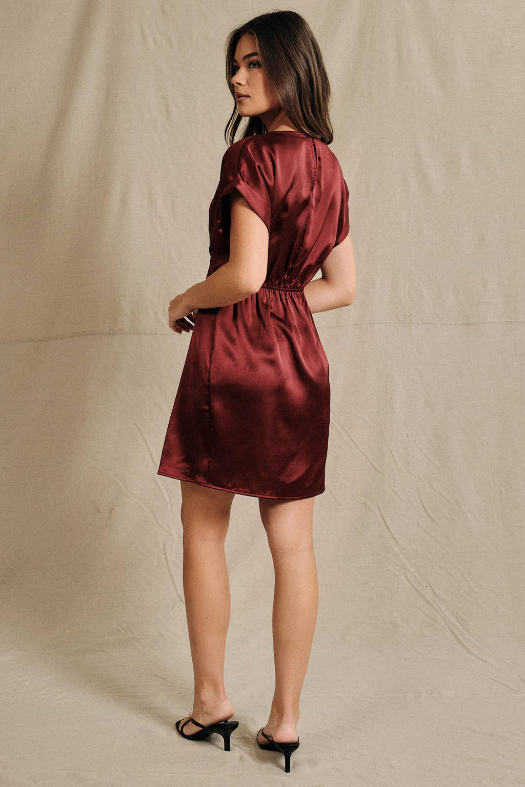 Cuffed Cap Sleeve Pleated Satin Fit & Flare Mini Dress: Burgundy