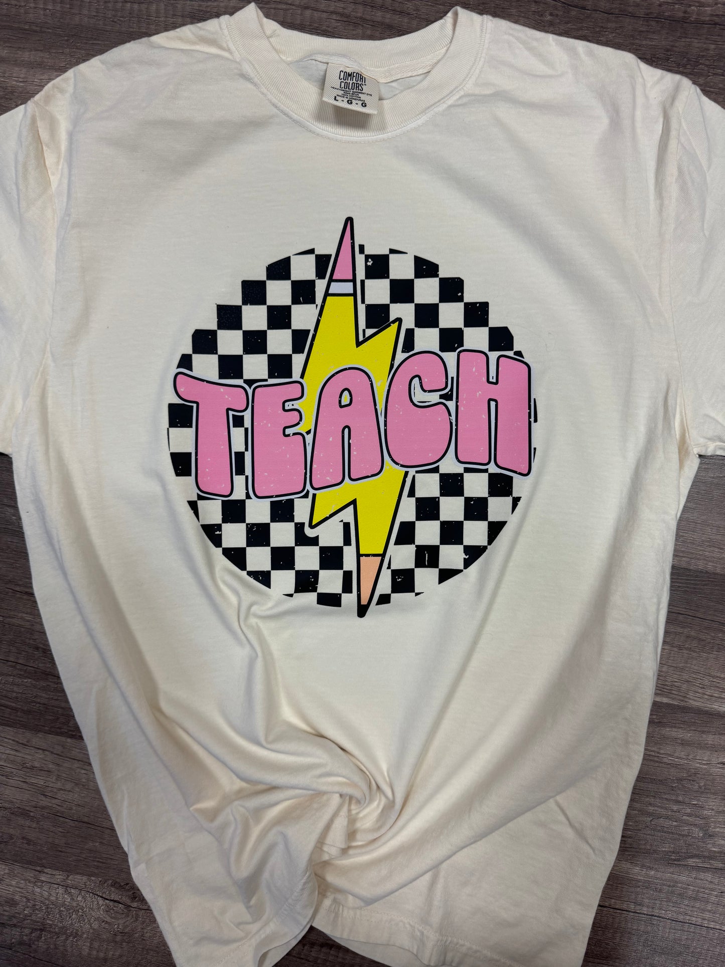 Teach checkered lightning bolt tee