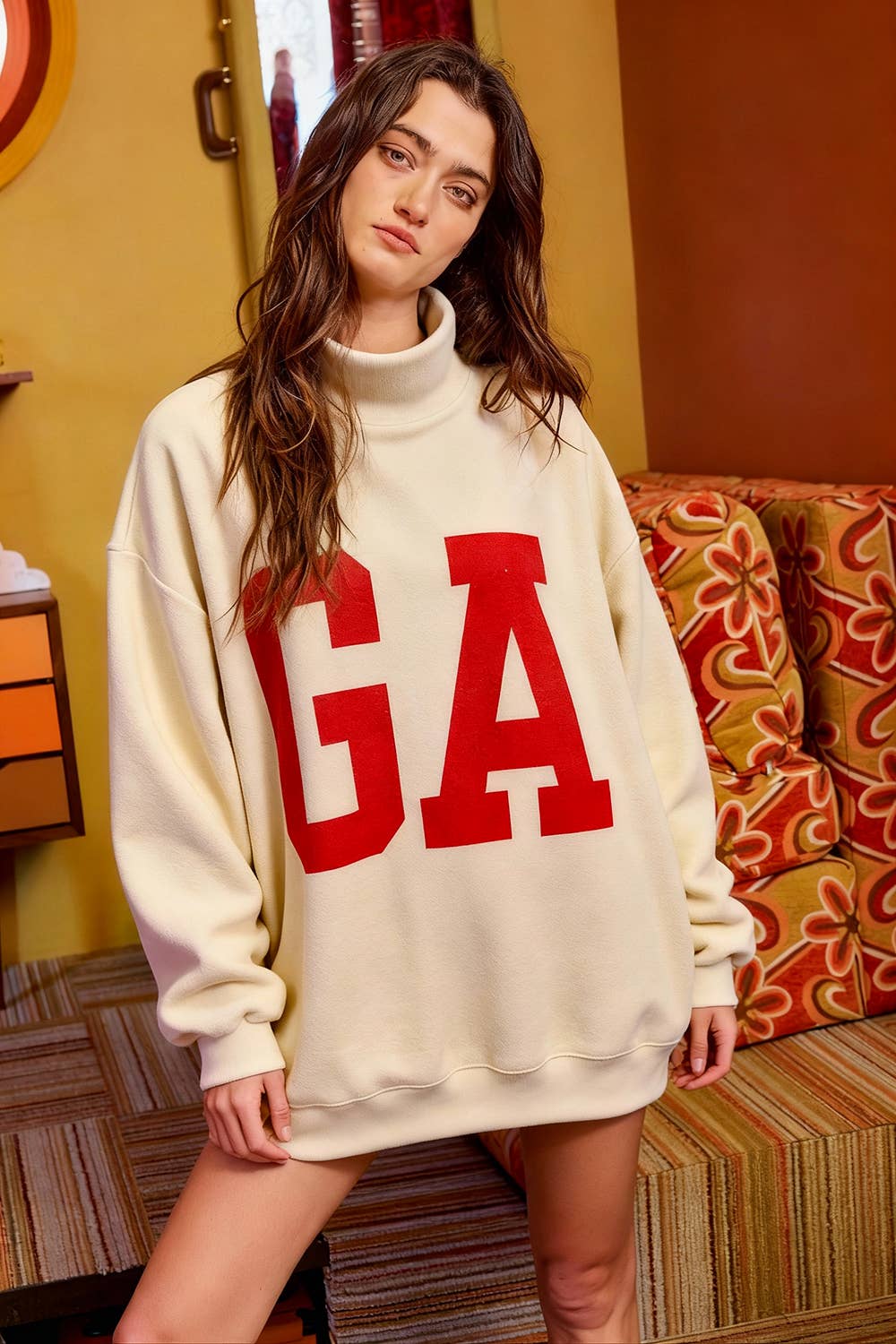 Georgia Floral MockNeck Sweatshirt: CREAM